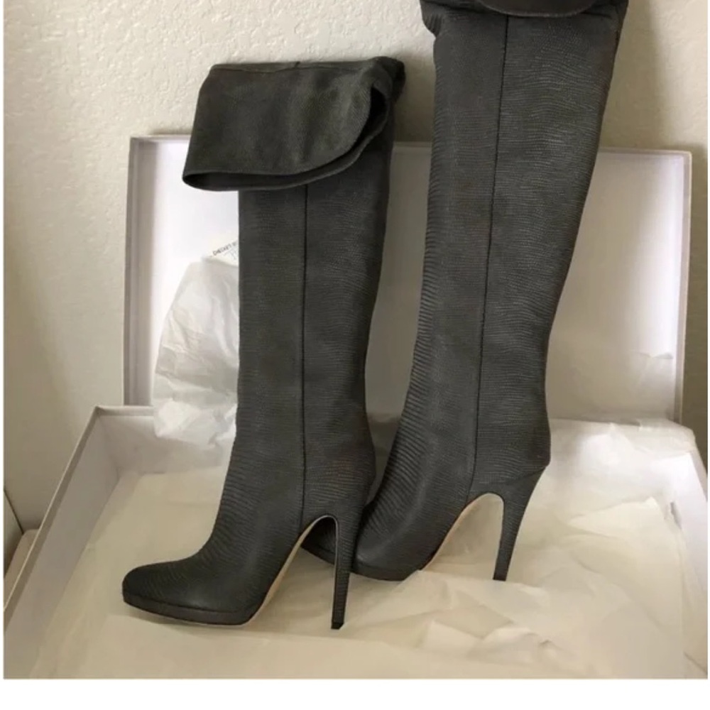 Jimmy Choo Giselle Over the Knee slouchy suede Boots Grey embossed snake 38.5 39